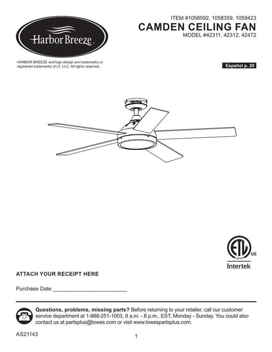 Harbor Breeze Camden 52 Inch 42472 42311 42312 Ceiling Fan Operating Manual