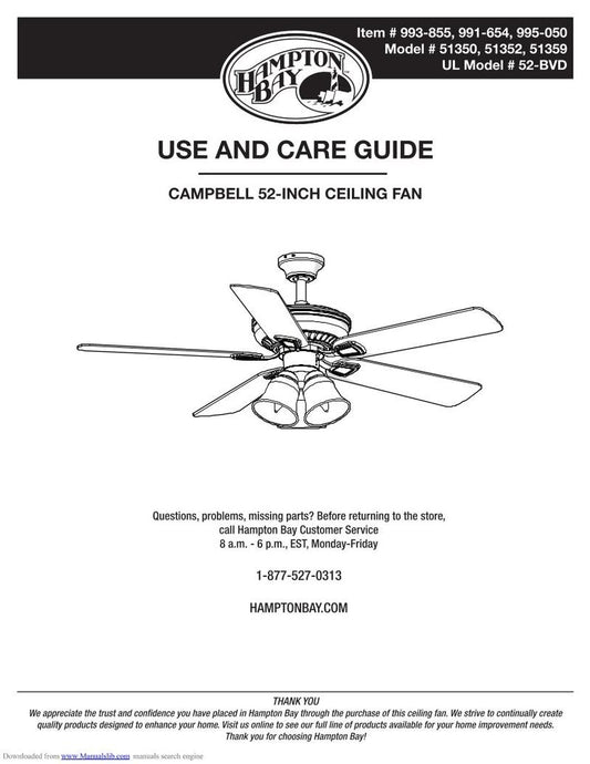 Hampton Bay 41350 Campbell 52 In Ceiling Fan Operating Manual