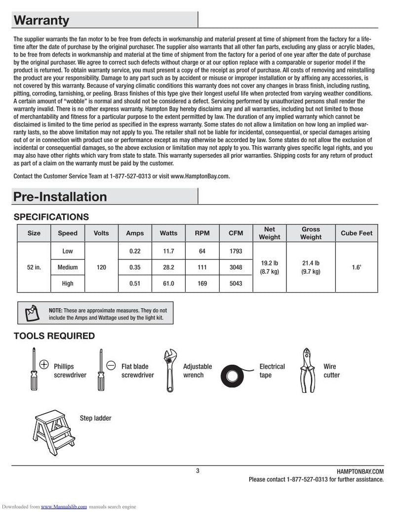 Hampton Bay 41350Campbell52InCeilingFanOM Ceiling Fan Operating Manual