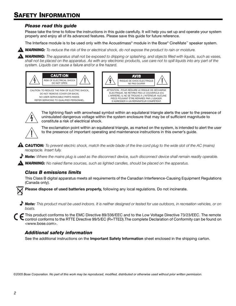 Bose CINEMATE Speaker System Home Theater Operating Manual