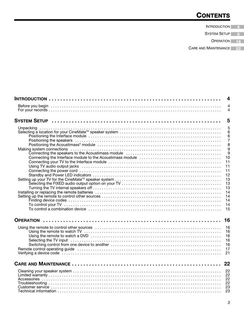 Bose CINEMATE Speaker System Home Theater Operating Manual