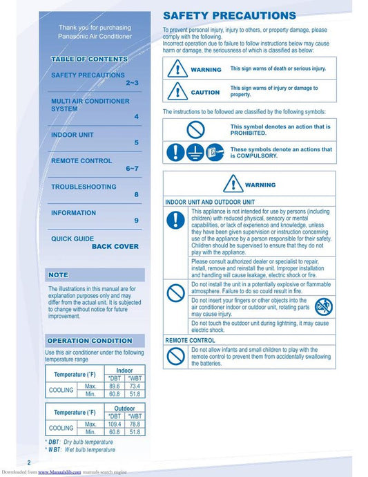 Panasonic CSS12JKUW CSS18JKU CSS22JKU Air Conditioner Unit Operating Manual