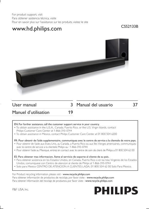 Philips CSS2133B CSS2133B/F7 Sound Bar System Operating Manual