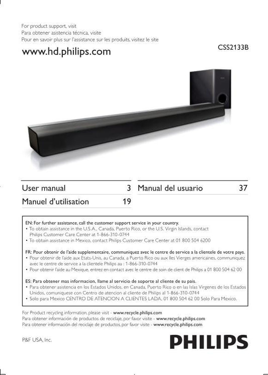 Philips CSS2133B CSS2133B/F7 Sound Bar System Operating Manual