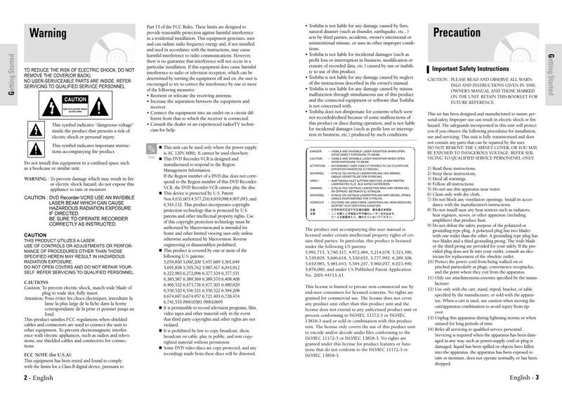 Toshiba DVR3 DVR3SU ser0152 DVD/VCR Combo Player Operating Manual