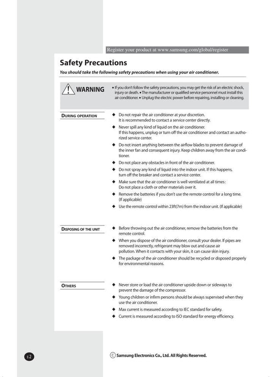 Samsung ARH1410 Air Conditioner Unit Operating Manual