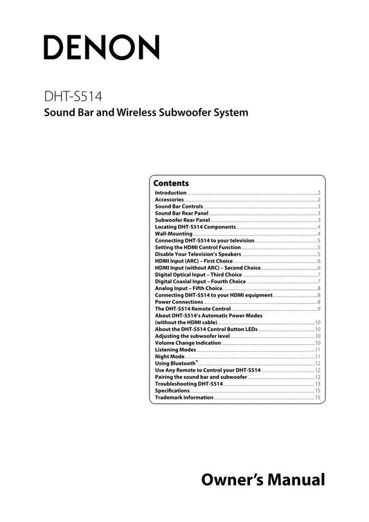 Denon DHTS514 Sound Bar System Operating Manual