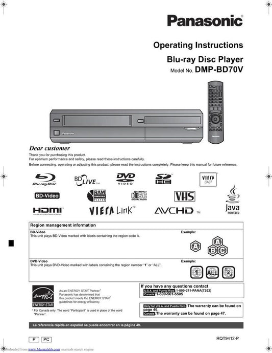 Panasonic DMPBD70 Blu-Ray DVD Player Operating Manual