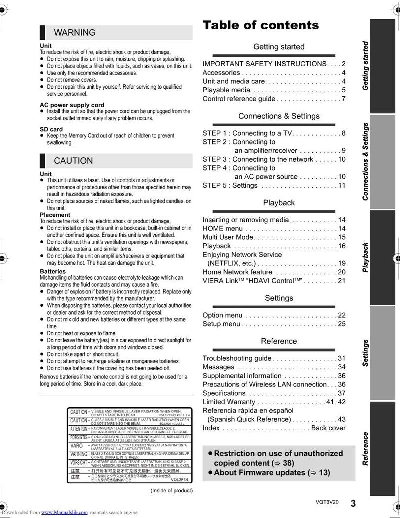 Panasonic DMPBDT220 Blu-Ray DVD Player Operating Manual