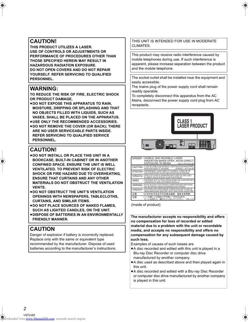 Panasonic DMRBW780GL Blu-Ray DVD Player Operating Manual