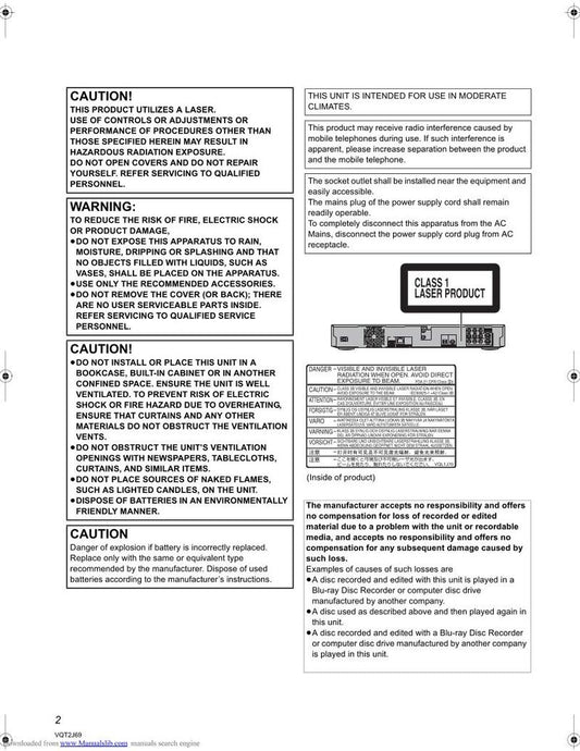 Panasonic DMRBW780GL Blu-Ray DVD Player Operating Manual