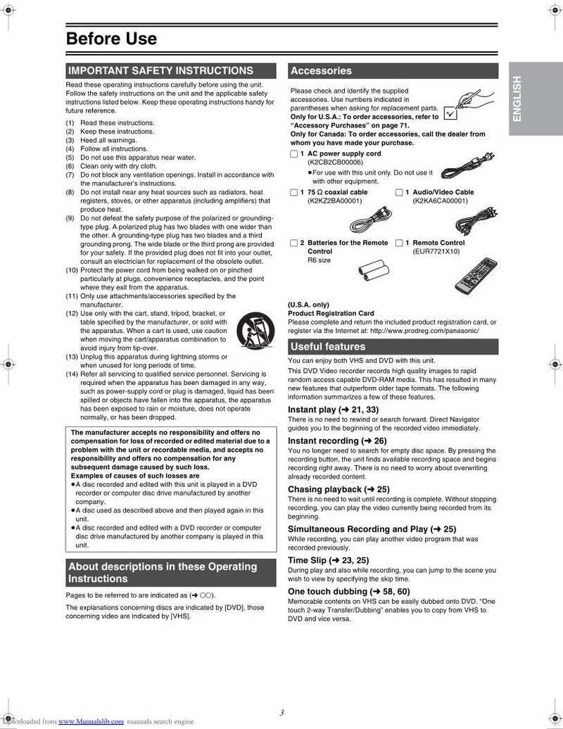 Panasonic DMRE75VP DVD/VCR Combo Player Operating Manual