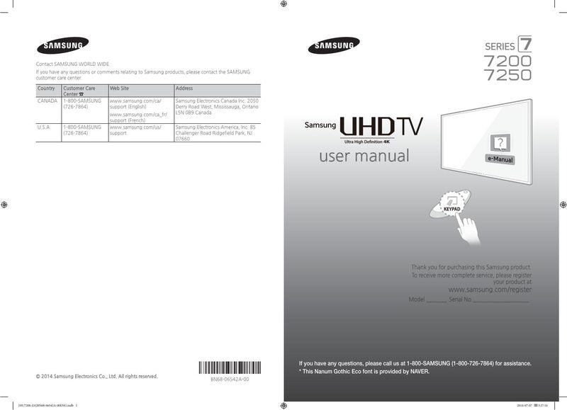 Samsung UN65HU7200FXZA TV Operating Manual