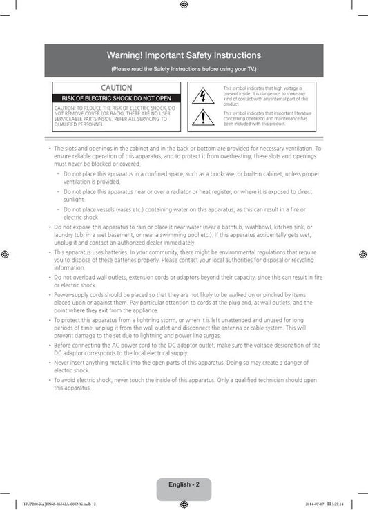 Samsung UN65HU7200FXZA TV Operating Manual