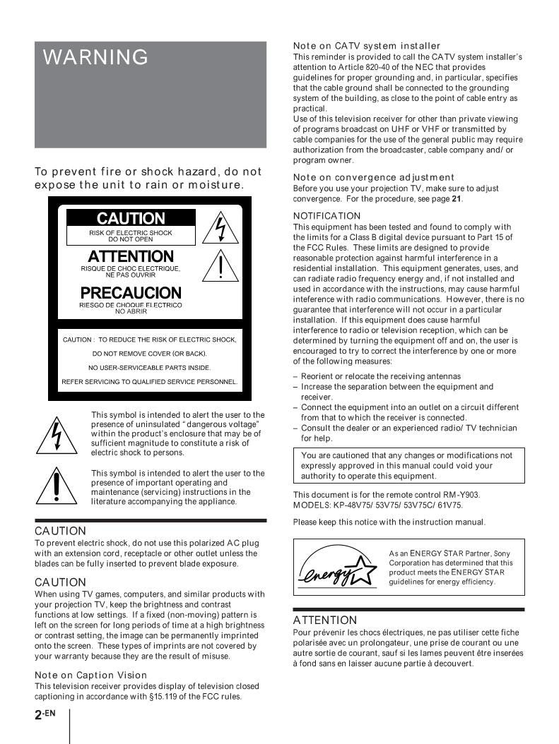 Sony KP48V75 KP53V75 KP53V75C TV Operating Manual