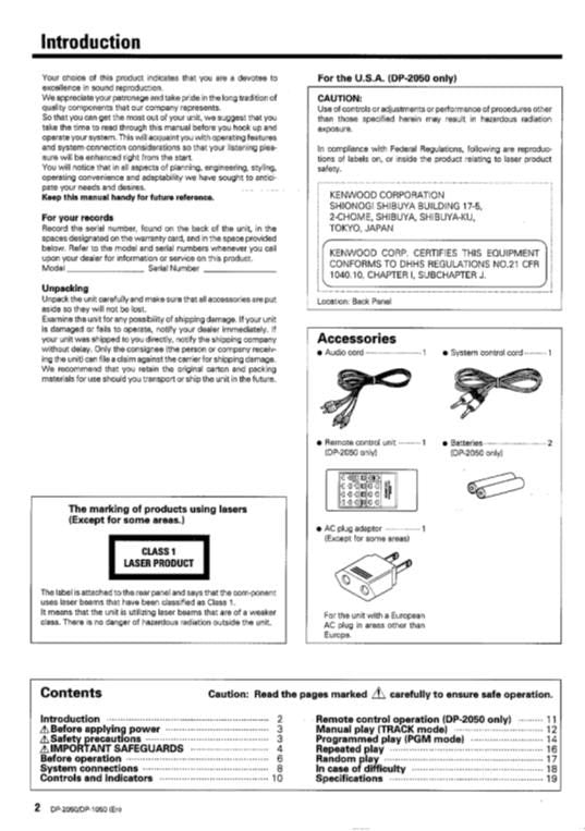 Kenwood DP1050 DP2050 Audio System Operating Manual