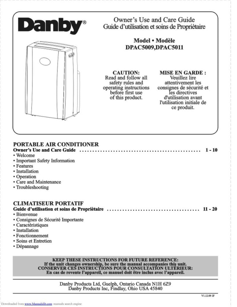 Danby DPAC5011 Air Conditioner Unit Operating Manual