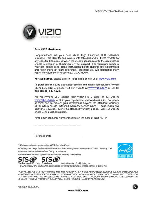 Vizio VT420M VT470M TV Operating Manual