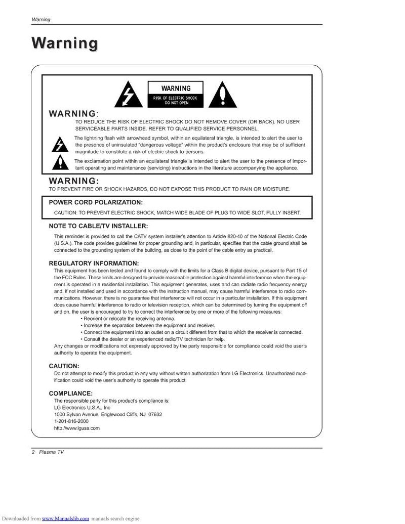 LG DU42 PX 12X TV Operating Manual