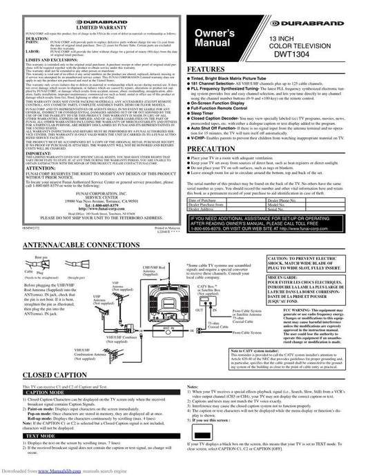 Durabrand DWT1304 TV Operating Manual