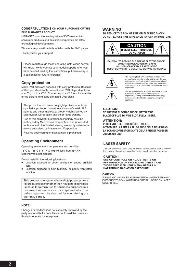 Marantz DV6001 DVD Player Operating Manual