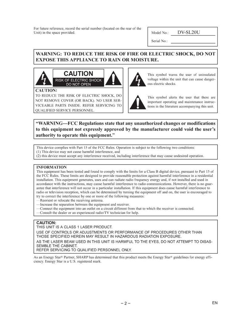 Sharp DVSL20 DVD Player Operating Manual