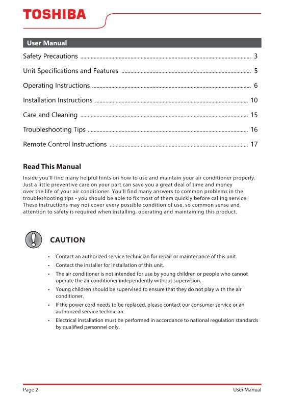 Toshiba RACPD1412 CRU Air Conditioner Unit Operating Manual