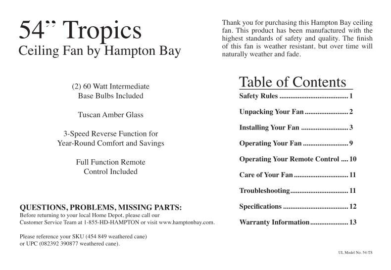 Hampton Bay 13087HAMPTONBAYTROPICS54INWEATHEREDCANECEILINGFANOM Ceiling Fan Operating Manual