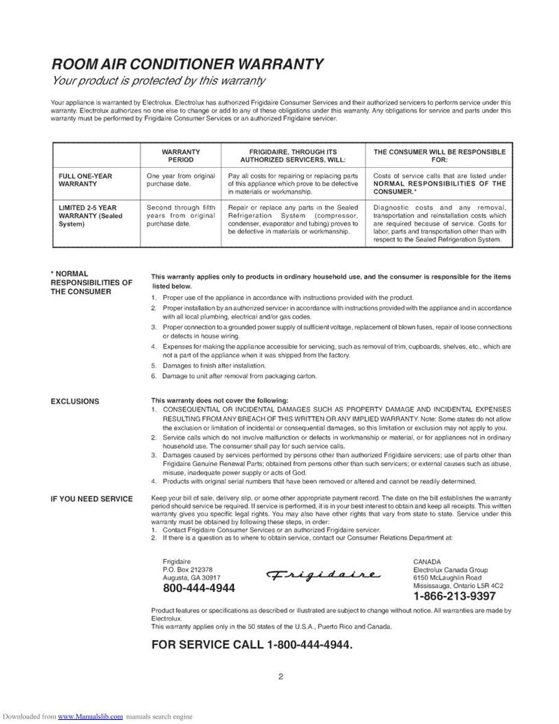 Frigidaire FAK124 R1 V12 Air Conditioner Unit Operating Manual