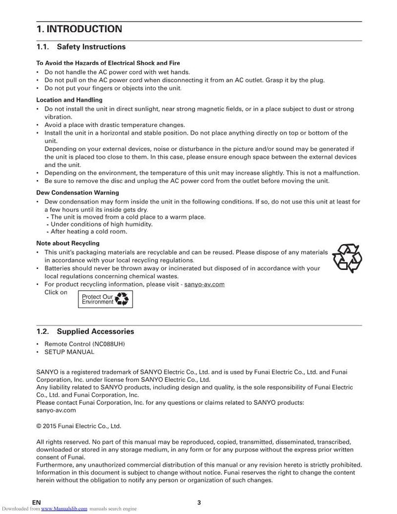 Sanyo FWBP505FK Blu-Ray DVD Player Operating Manual