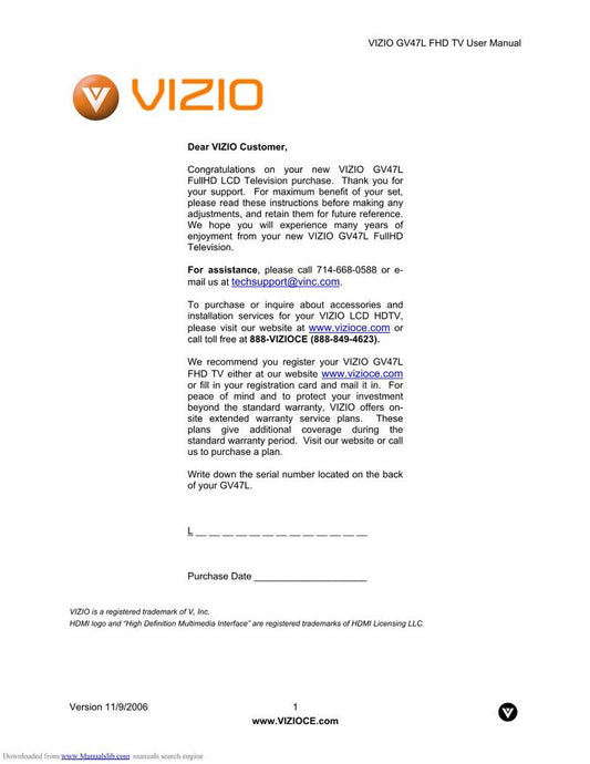 Vizio GV47LFHDTV TV Operating Manual