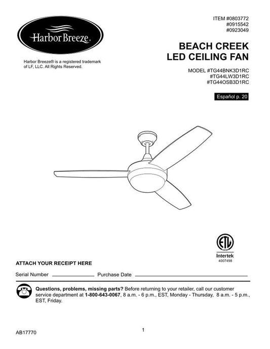 Harbor Breeze TG44 MBK3 D1 RC BEACH CREEK LED CEILING FAN Ceiling Fan Operating Manual