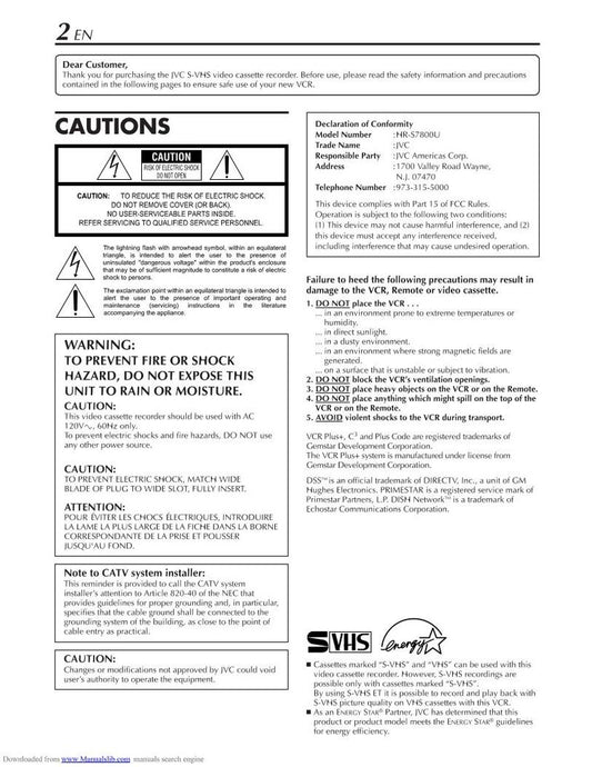 JVC HRS7800U Operating Manual