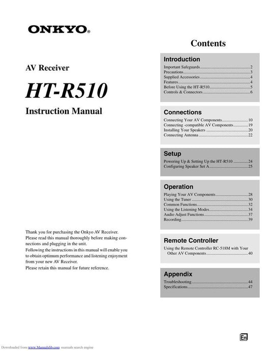 Onkyo HTR510 Audio/Video Receiver Operating Manual