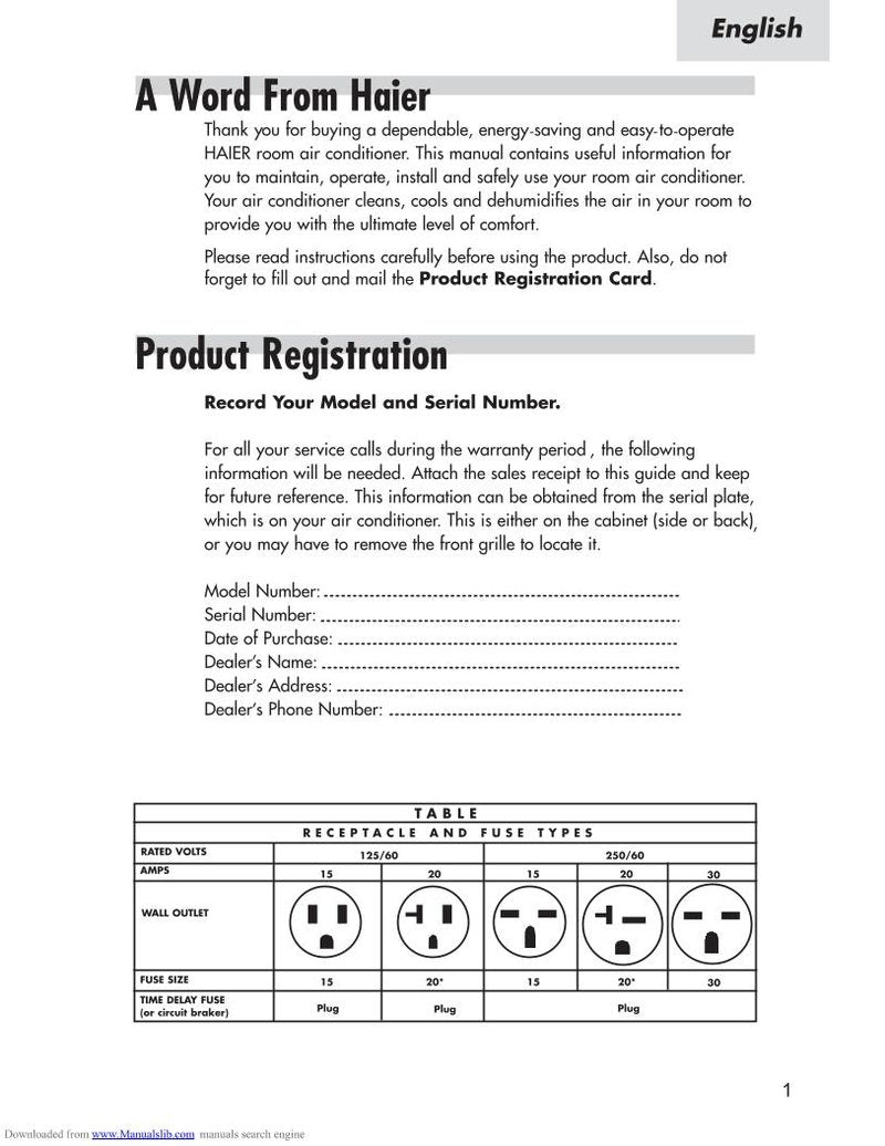 Haier HWR05 XC7 Air Conditioner Unit Operating Manual