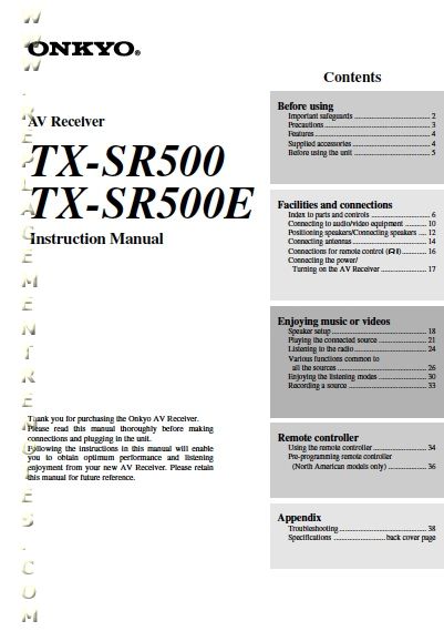 Onkyo TXSR500 E Audio/Video Receiver Operating Manual