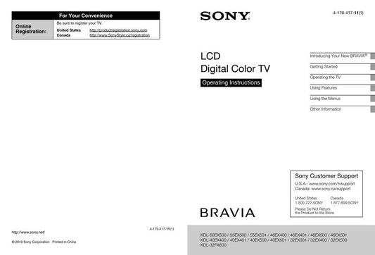 Sony KDL32EX301 KDL32EX400 KDL32EX500 TV Operating Manual