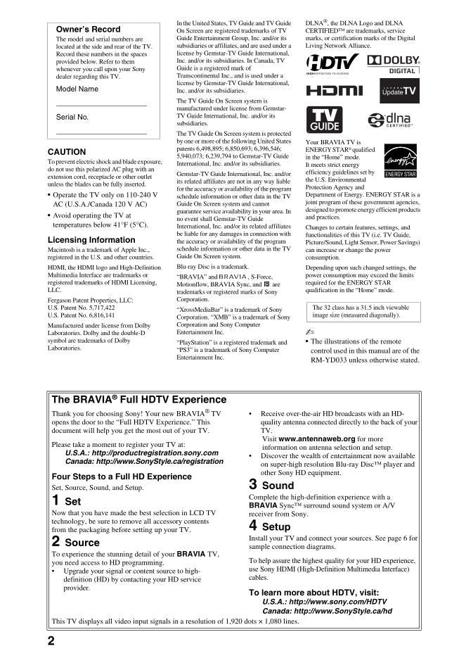 Sony KDL32EX700 KDL32EX710 KDL40EX700 TV Operating Manual