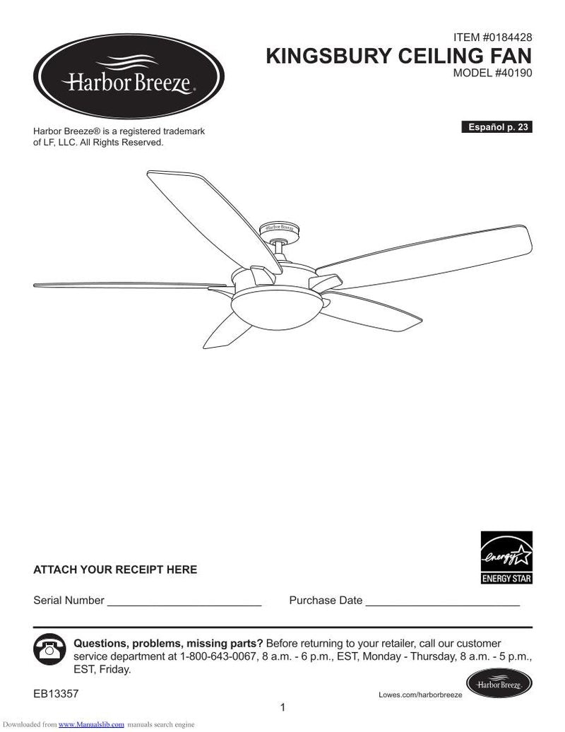 Harbor Breeze 40190 KINGSBURY CEILING FAN Ceiling Fan Operating Manual