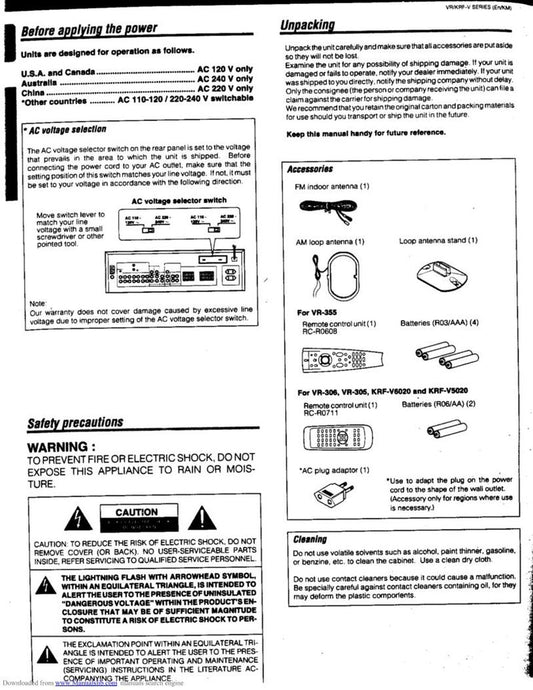 Kenwood VR305 Audio/Video Receiver Operating Manual