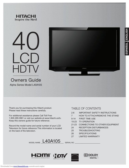 Hitachi L40 A 105 TV Operating Manual