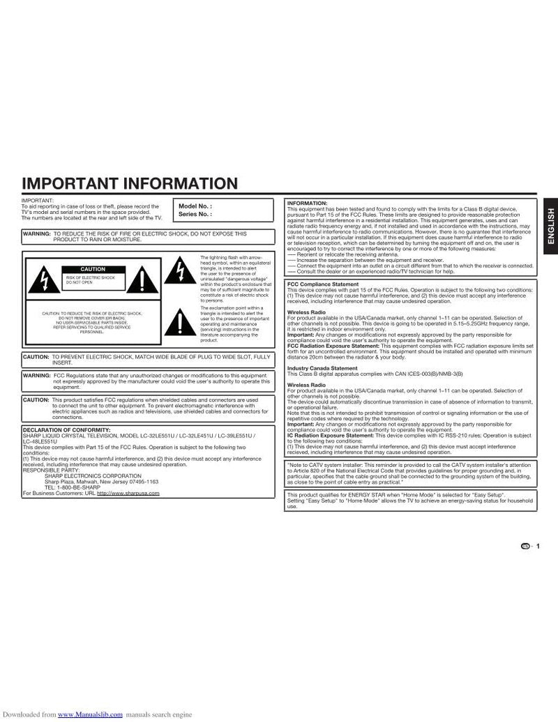 Sharp LC32LE451U LC32LE551U LC39LE551 TV Operating Manual