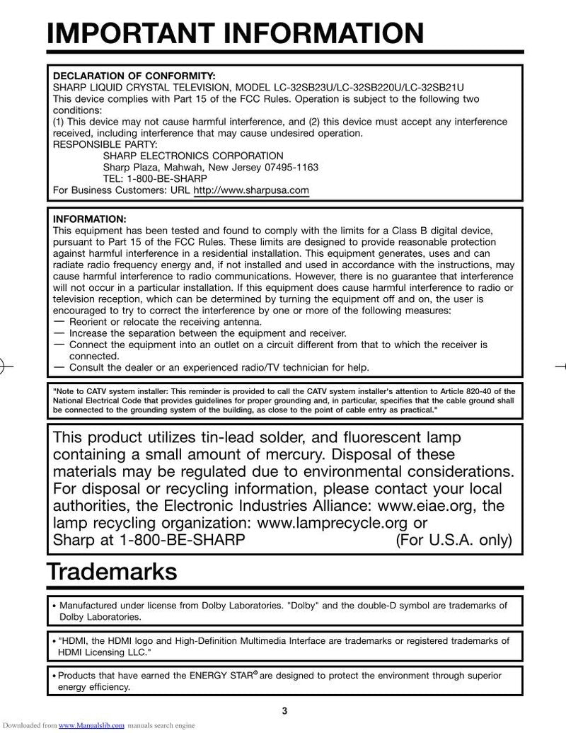 Sharp LC32SB21U LC32SB220U LC32SB23U TV Operating Manual