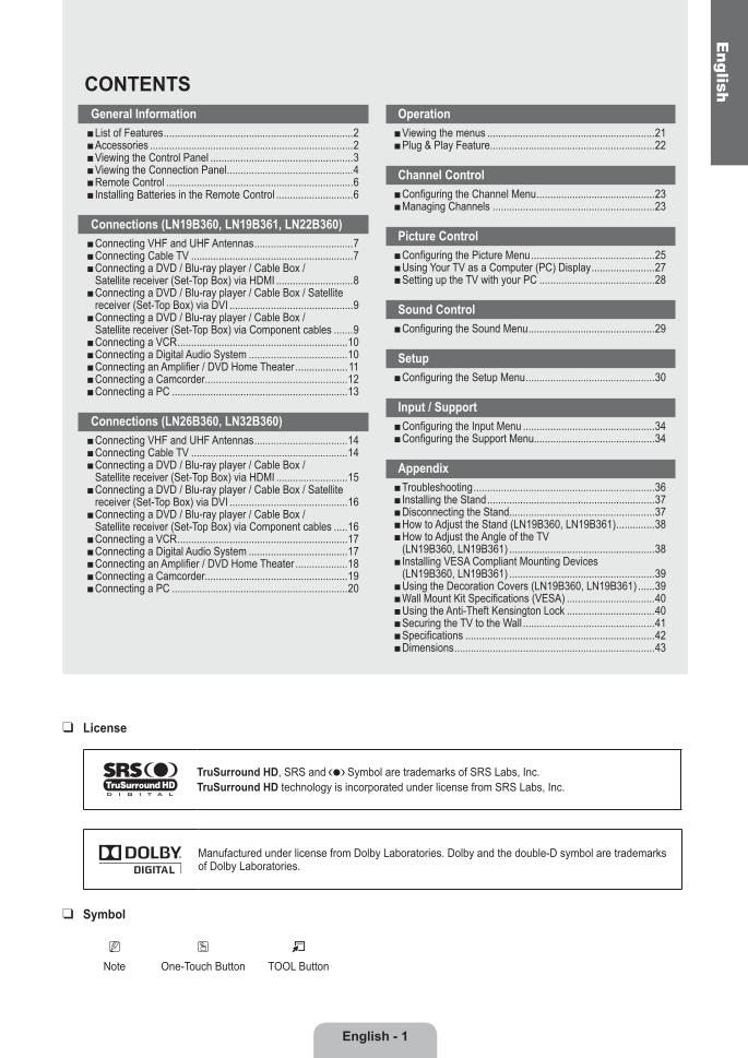 Samsung LA26R71BBM/XTL LN19B361 HLR6167W TV Operating Manual