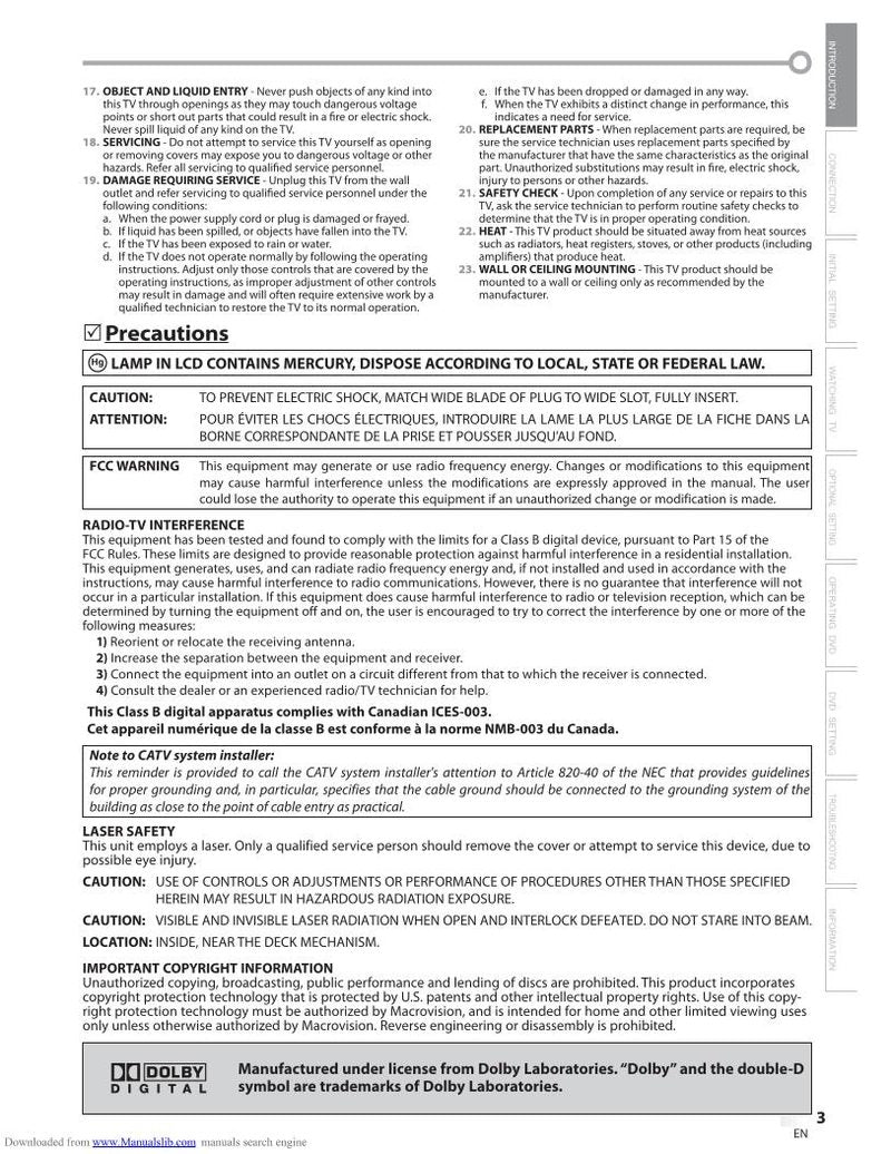 Sylvania LD155SC8/TV TV/DVD Combo Operating Manual