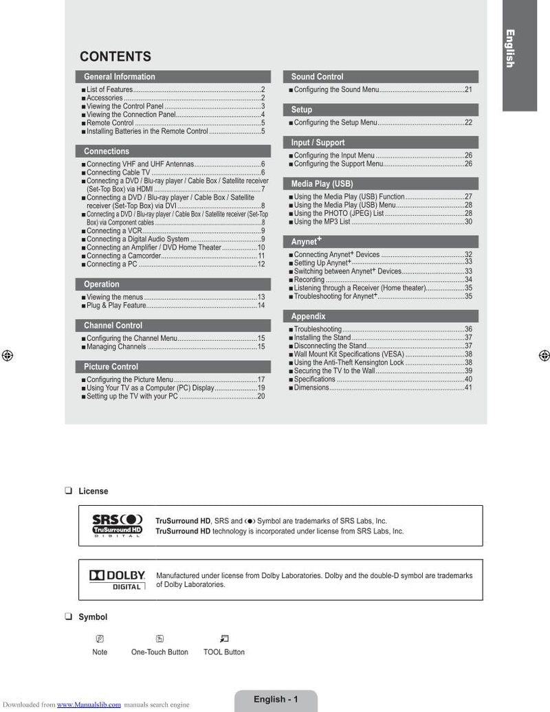 Samsung LN46B550K1F TV Operating Manual