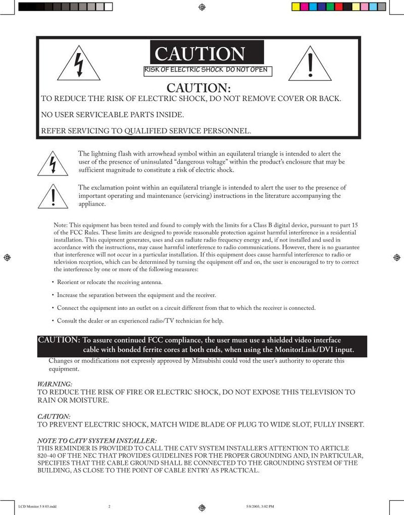 Mitsubishi LT2220 LT3020 TV Operating Manual