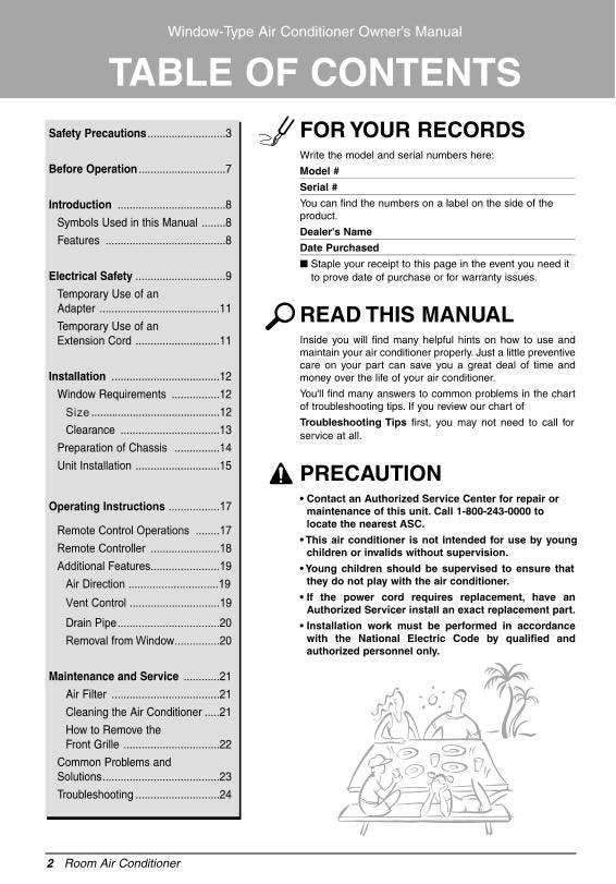 LG LW8011 ER Air Conditioner Unit Operating Manual