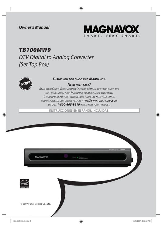 Magnavox TB100 MW 9 Digital TV Tuner Converter Box Operating Manual