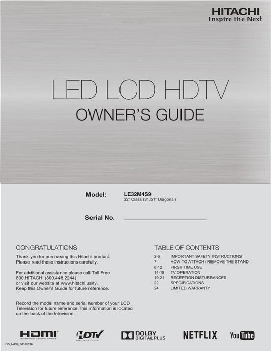 Hitachi LE32 M 4S9 TV Operating Manual
